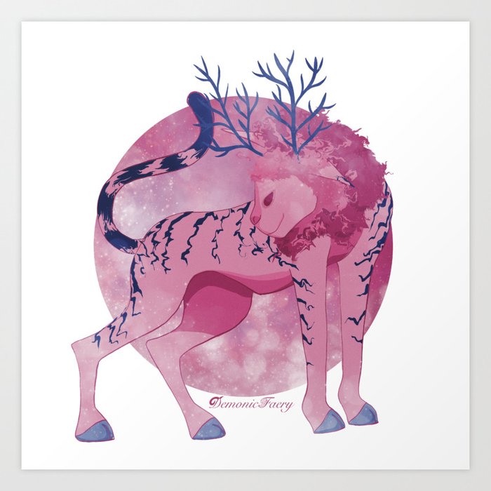 Pink Dream Creature, Dreamcore, Dream Core, Deer Caracal Lion Hybrid, Dream Realm Art Print by Demonic Faery